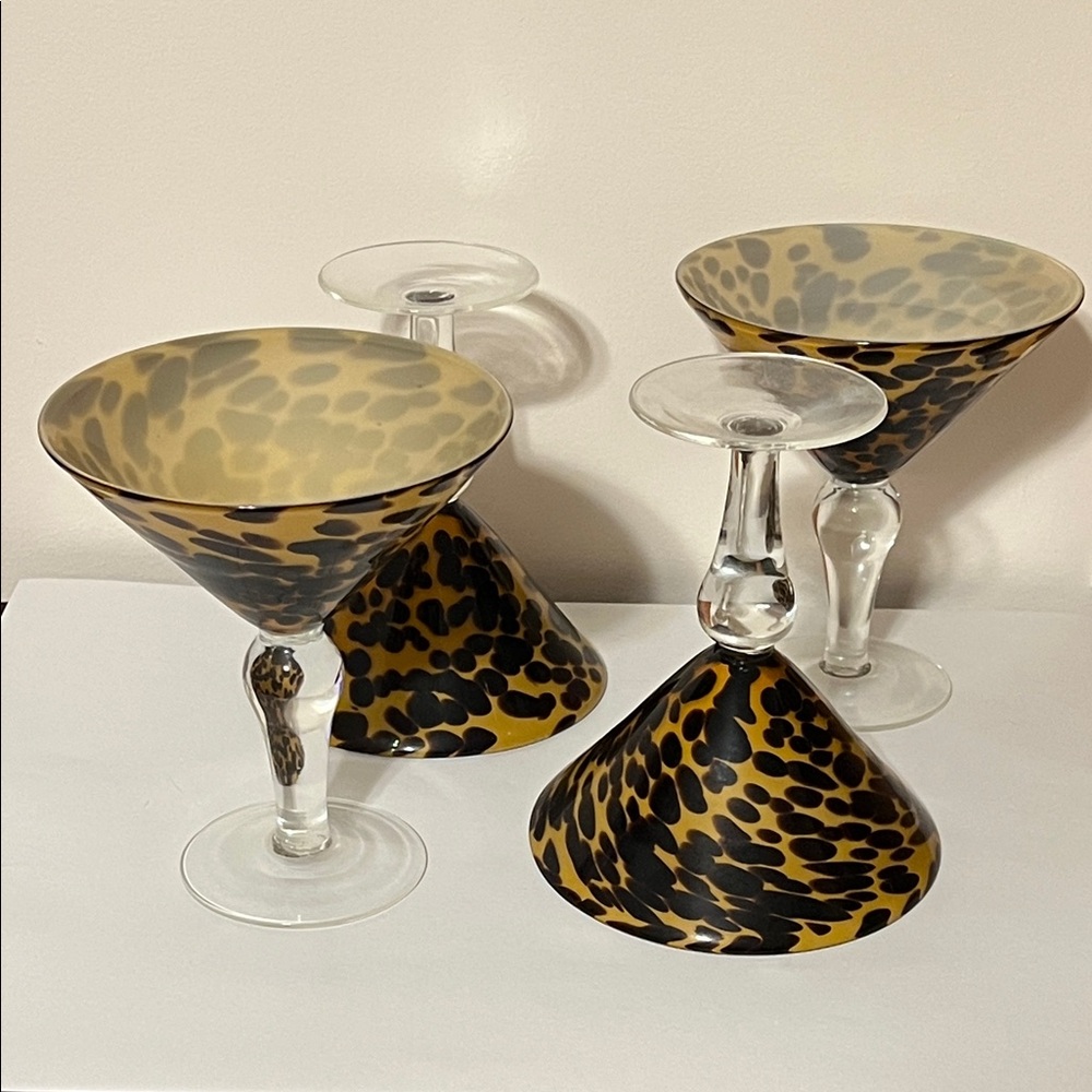 Amici  Oversized Italian Leopard Print Martini Glasses Set. Hand Blown. NWOT